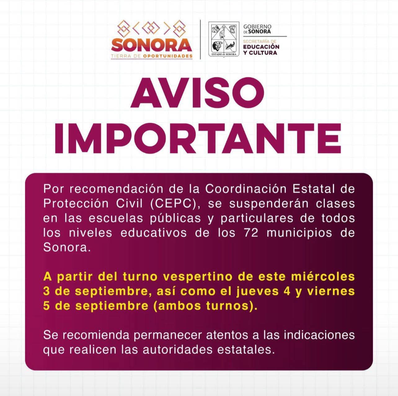 Suspensión de clases en Sonora por recomendaciones de Protección Civil se debe  al Huracán Lorena 