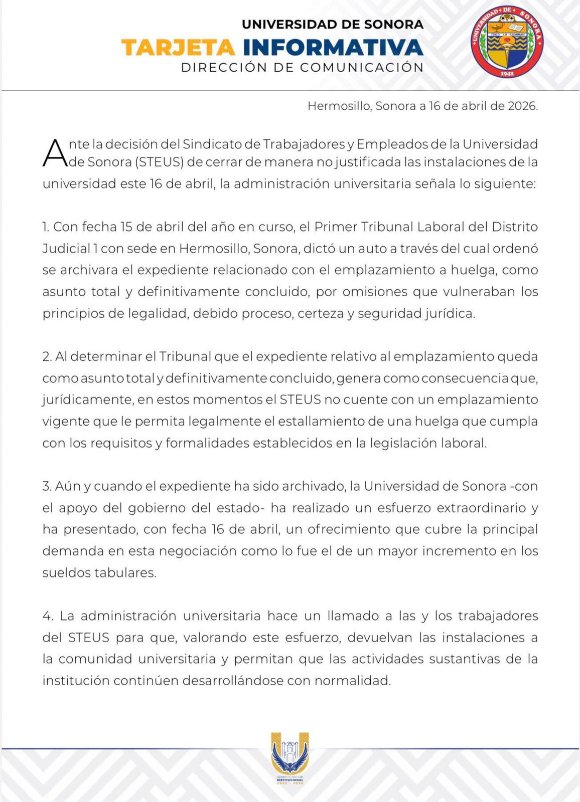 La administraci&oacute;n universitaria hace un llamado a las trabajadores del STEUS, para wie entreguen las instalaciones 