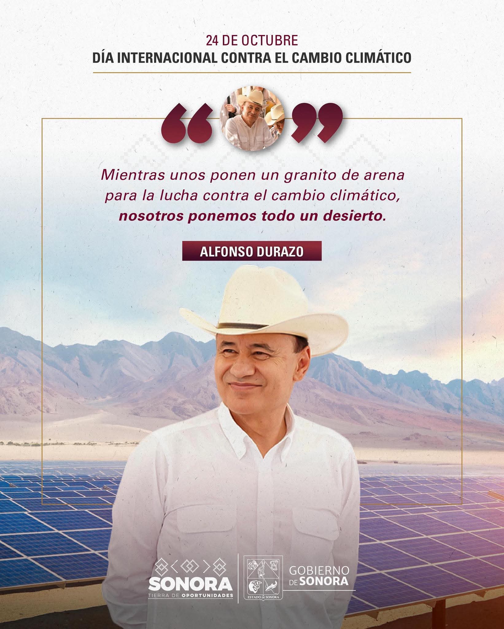 En el d&iacute;a internacional del Cambio Clim&aacute;tico, Alfonso Durazo rafrima su compromiso con un Sonora m&aacute;s sustentable 