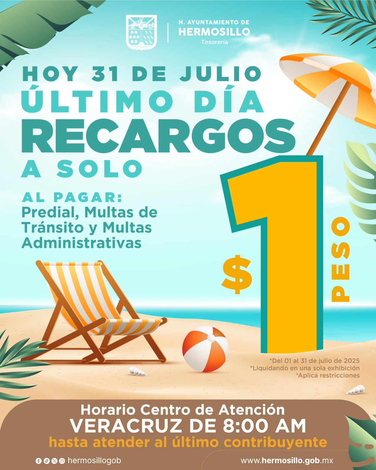 Llaman en Tesorería Municipal a aprovechar el último día de pago de recargos a un peso